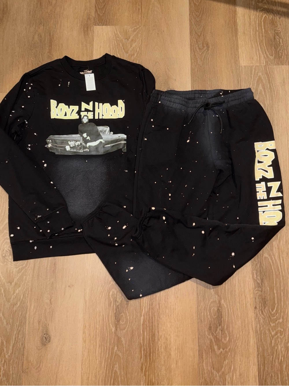 Boyz N The Hood Men’s M Black Bleach Splatter Sweatshirt Joggers Set NWT